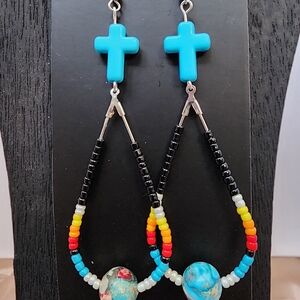 BrazenSoul Turquoise Cross Boho Beaded Statement Earrings